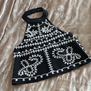 Elegant Black and White Embroidered Halter Top